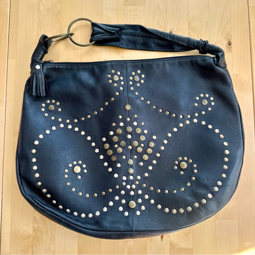 Wilson’s Leather Bohemian Chic Boho Metal Studded Sling Black Embellished Bag - Picture 2 of 10